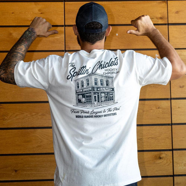 Spittin Chiclets Hockey Emporium Tee-T-Shirts-Spittin Chiclets-Barstool Sports