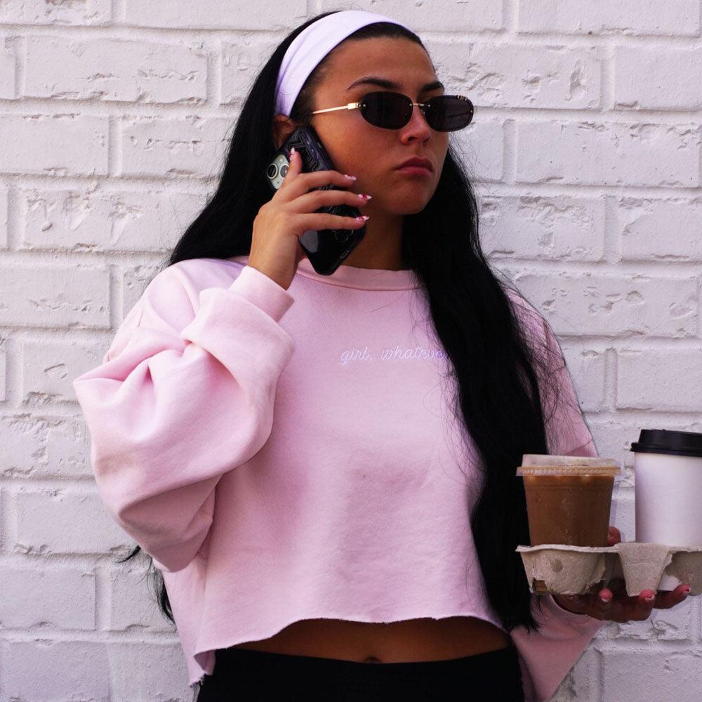 Girl Whatever Embroidered Cropped Crewneck-Crewnecks-It Girl-Barstool Sports