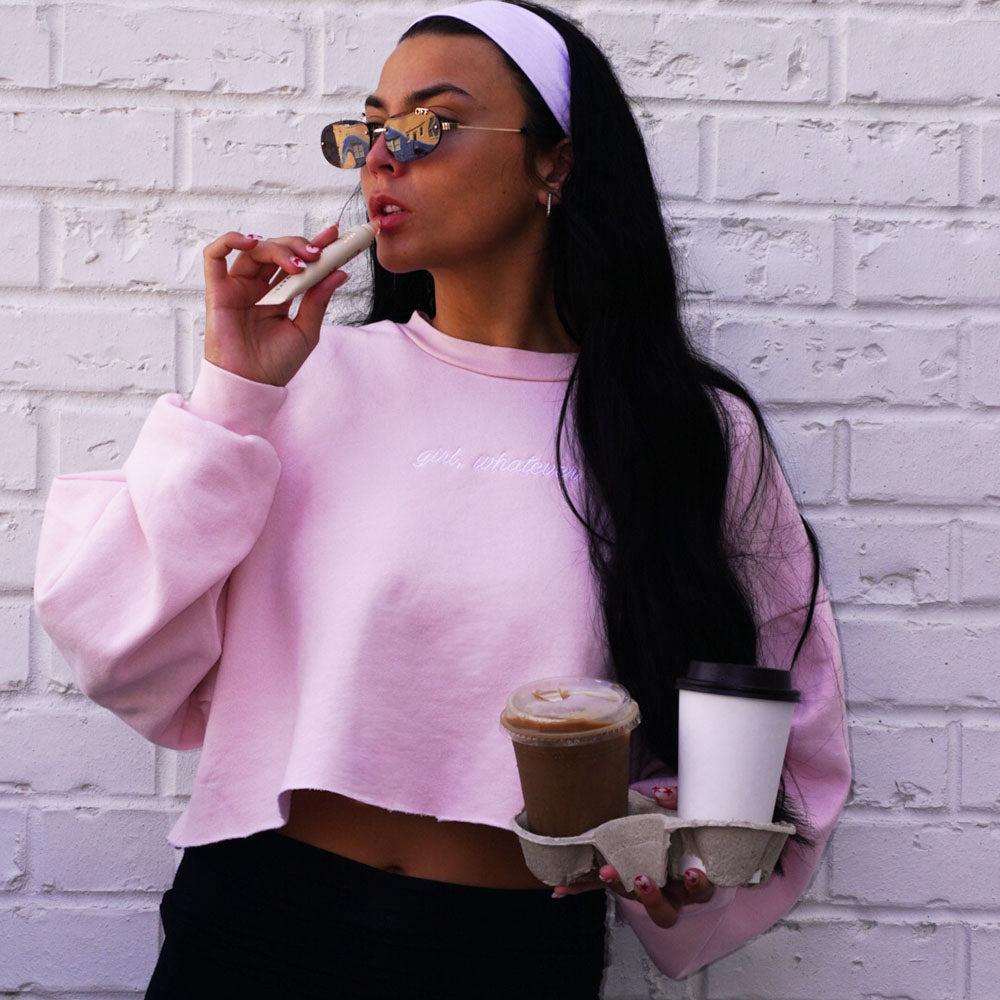 Girl Whatever Embroidered Cropped Crewneck-Crewnecks-It Girl-Barstool Sports