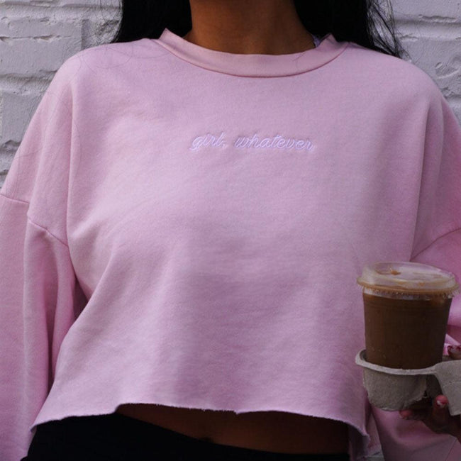 Girl Whatever Embroidered Cropped Crewneck-Crewnecks-It Girl-Barstool Sports