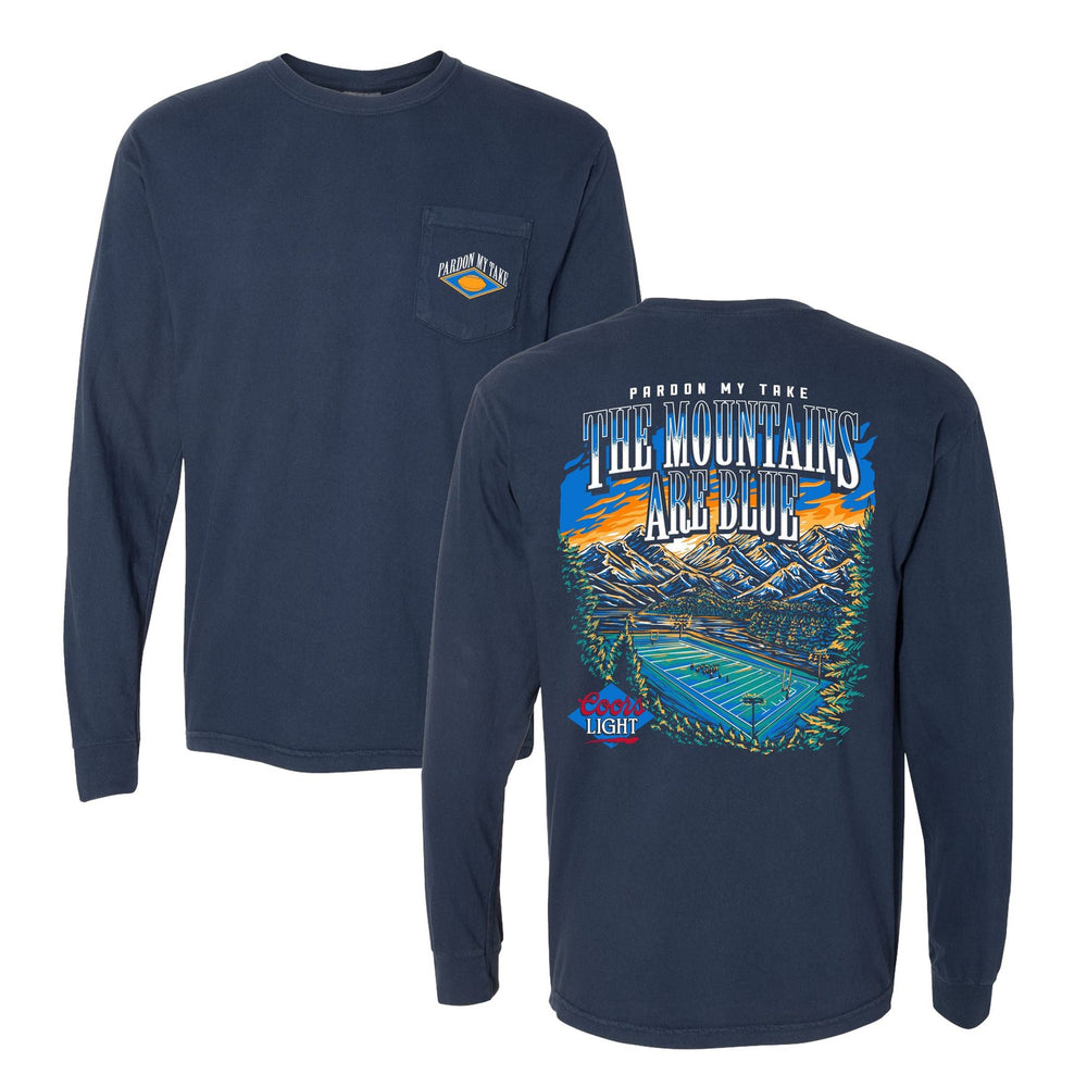 Coors x PMT The Mountains Are Blue Football Long Sleeve Pocket Tee-Long Sleeve-Pardon My Take-Navy-S-Barstool Sports