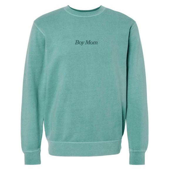 Boy Mom Embroidered Pigment Dyed Crewneck-Crewnecks-Barstool Sports-Green-S-Barstool Sports