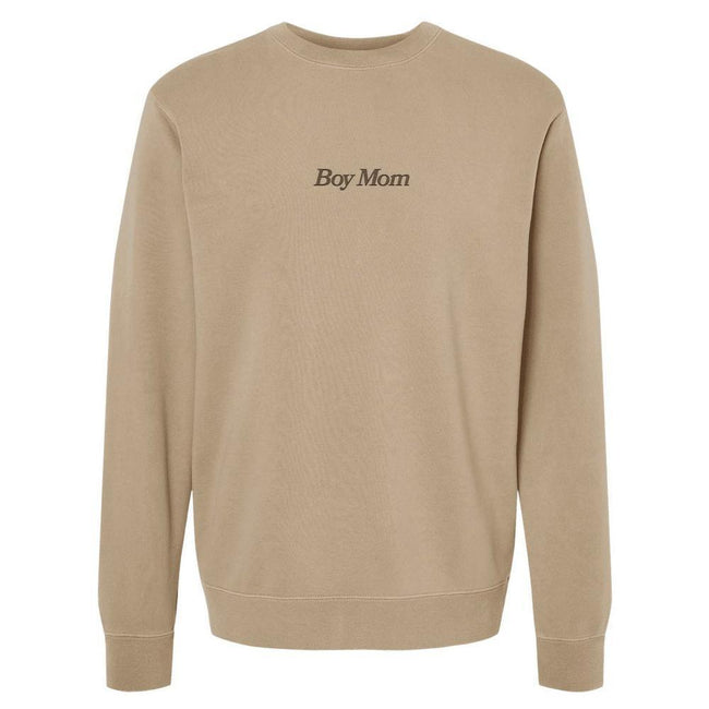 Boy Mom Embroidered Pigment Dyed Crewneck-Crewnecks-Barstool Sports-Tan-S-Barstool Sports