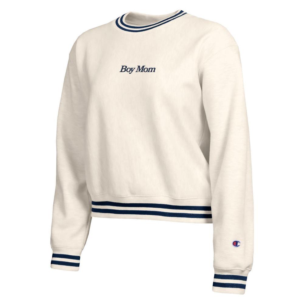 Boy Mom Champion Ladies Ribbed Crewneck-Crewnecks-Barstool Sports-Navy-XS-Barstool Sports