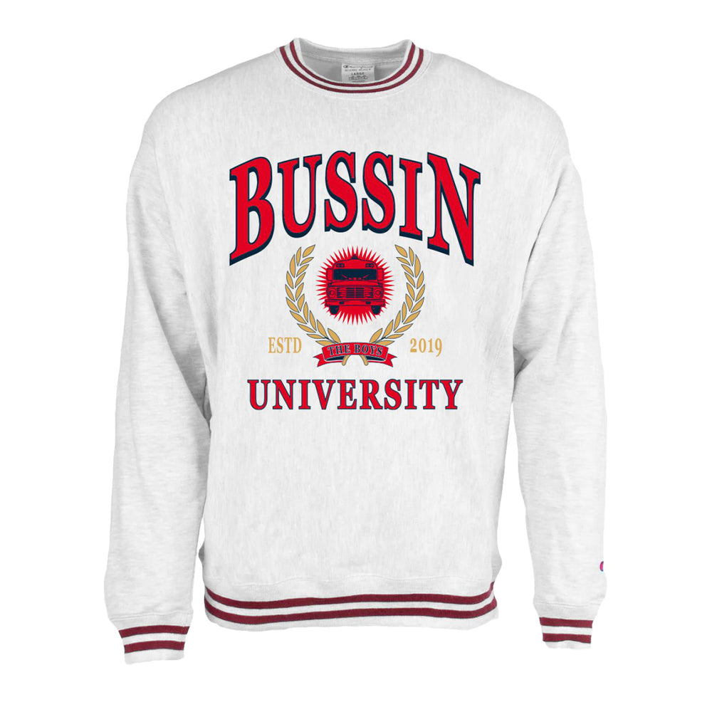 Bussin University Champion Ribbed Crewneck-Crewnecks-Bussin With The Boys-Grey-S-Barstool Sports