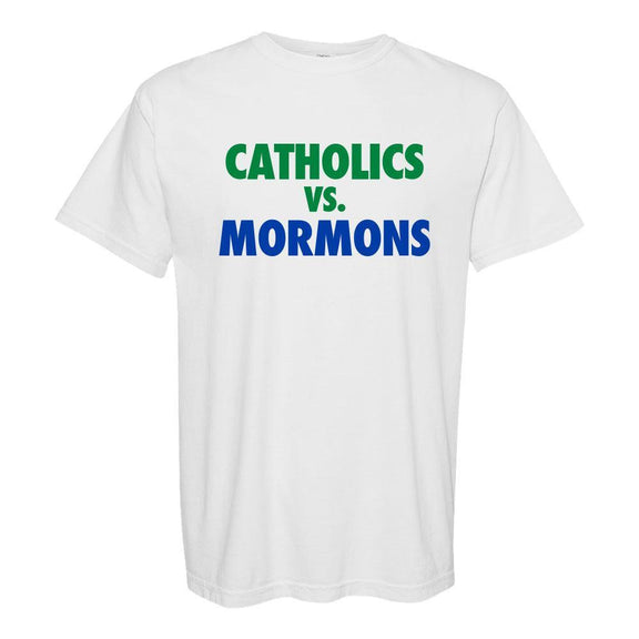 Catholics vs Mormons Tee-T-Shirts-Barstool U-White-S-Barstool Sports