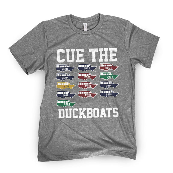 Cue The Duckboats 2024 Tee-T-Shirts-Barstool Sports-Grey-S-Barstool Sports