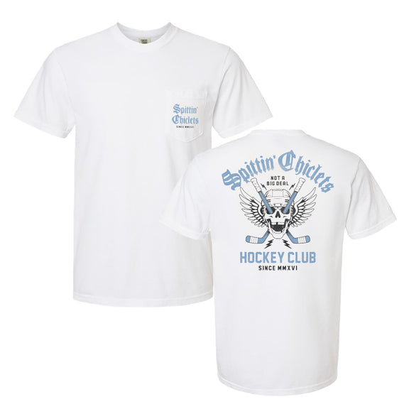Spittin Chiclets Hockey Club Skull Wings Pocket Tee-T-Shirts-Spittin Chiclets-White-S-Barstool Sports