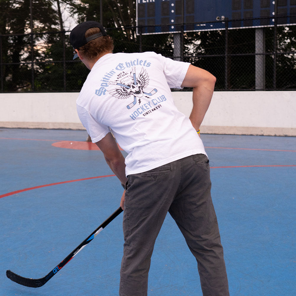 Spittin Chiclets Hockey Club Skull Wings Pocket Tee-T-Shirts-Spittin Chiclets-Barstool Sports