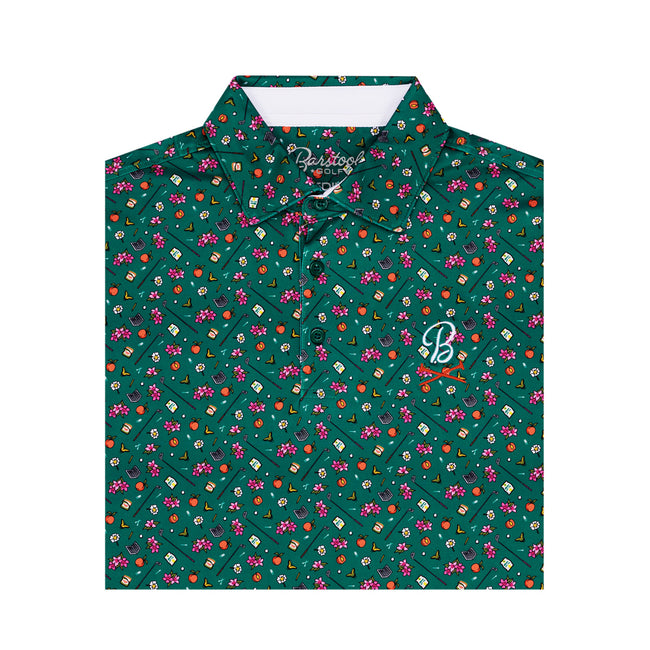 Barstool Golf Clubs & Flowers Printed Polo-Polos-Fore Play-Green-S-Barstool Sports