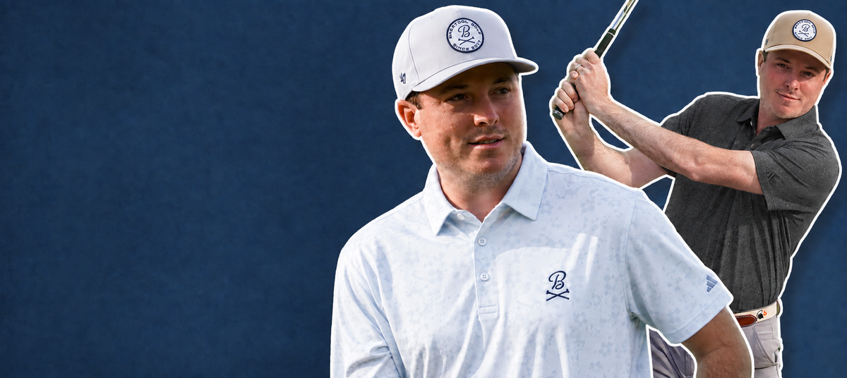 A golfer in a white polo shirt and white cap shown prominently in the foreground, with a smaller inset action photo of him swinging a golf club in the background against a dark blue backdrop.