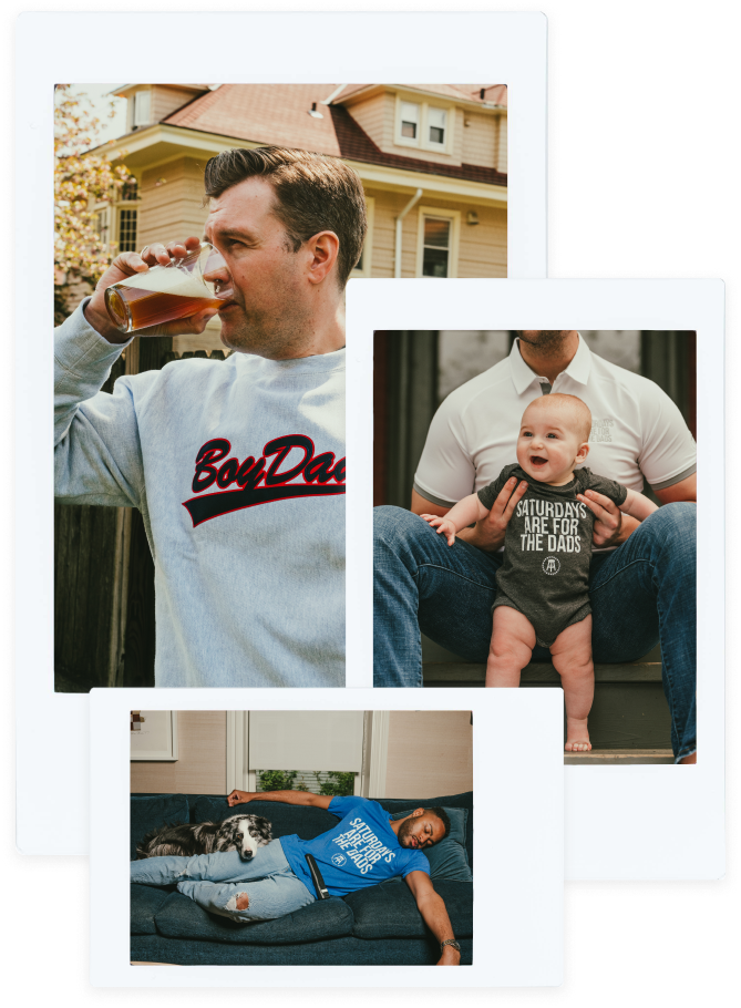 Collage of dads wearing Saturdays are for the dads merch