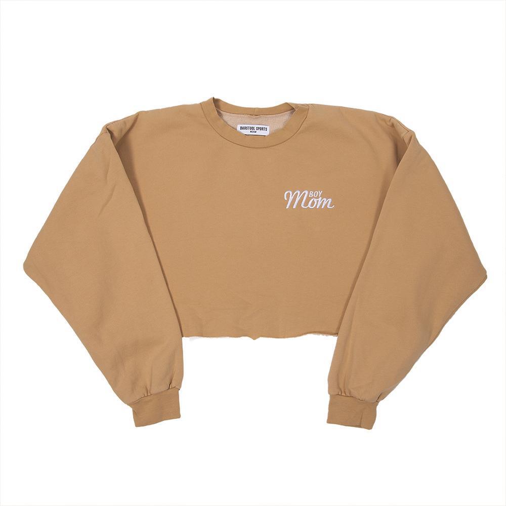 Boy Mom Embroidered Cropped Crewneck-Crewnecks-Barstool Sports-Khaki-XS-Barstool Sports