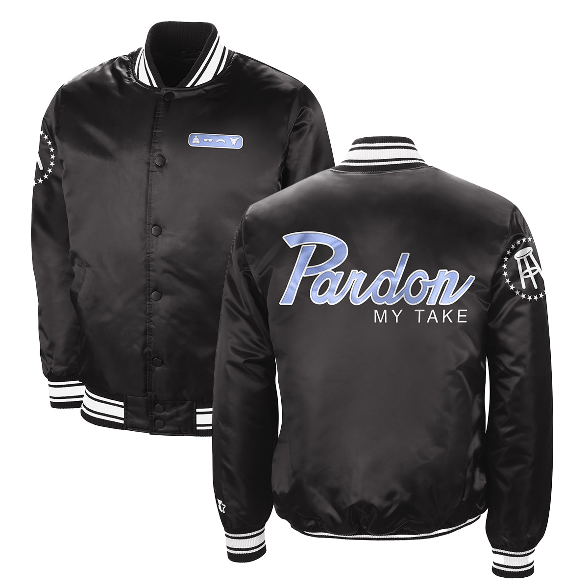 Pardon My Take x Varsity Satin Starter Jacket-jackets-Pardon My Take-Black-S-Barstool Sports