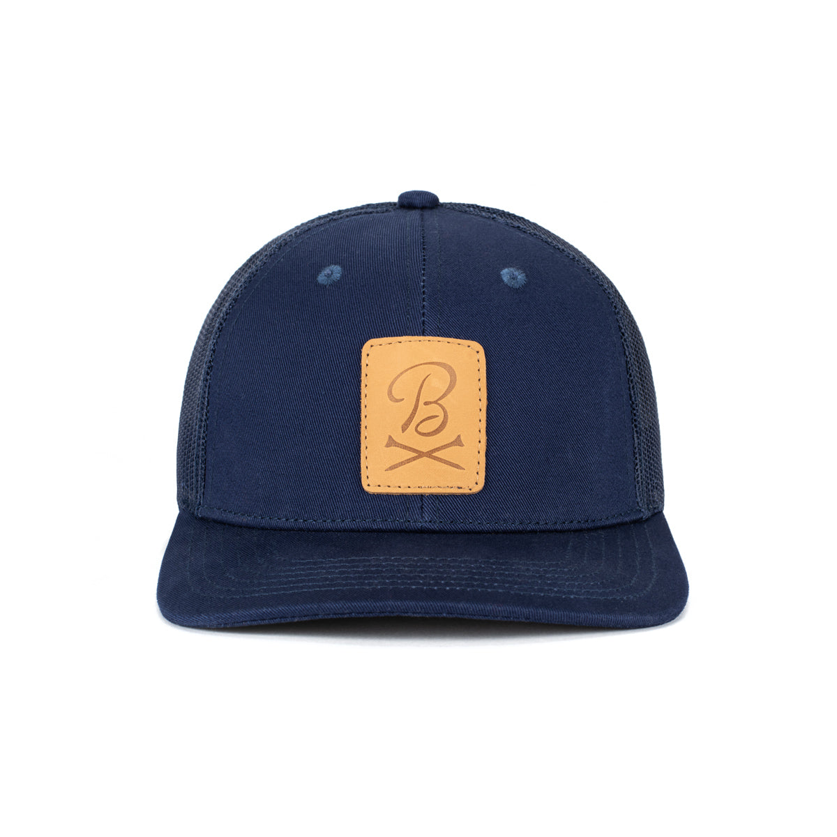Barstool Golf Leather Patch Trucker Hat-Hats-Fore Play-Navy-Barstool Sports