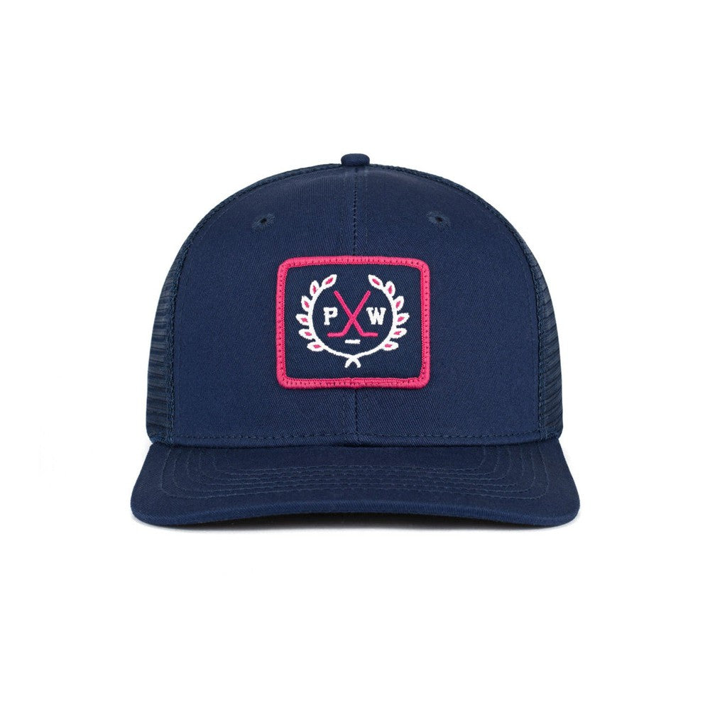 Pink Whitney Crest Patch Trucker Hat-Hats-Pink Whitney-Navy-One Size-Barstool Sports